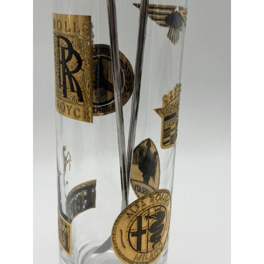Vintage MCM Cocktail Shaker Pitcher Glass Luxury Cars w/spoon & Fork Gold/Black